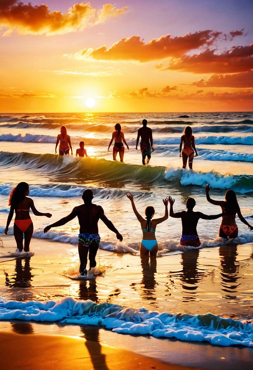 A serene beach scene featuring a diverse group of people wearing vibrant swimwear, showcasing joy and resilience. The foreground has joyful individuals splashing in the waves, while the background depicts a sunset casting warm hues over a tranquil ocean. Include elements of sandcastles and beach accessories to represent relaxation and freedom. super-realistic. vibrant colors. soft focus.