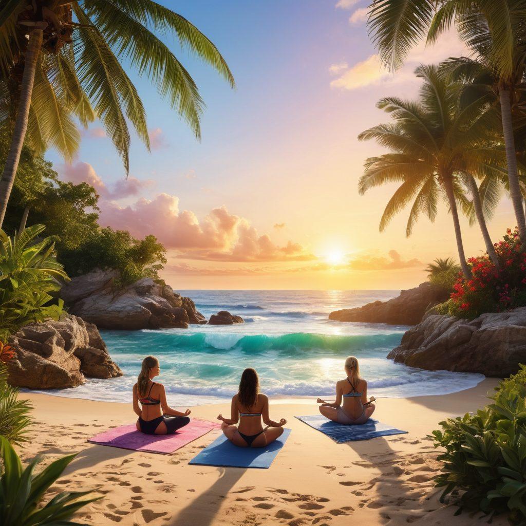 A serene beach scene featuring a diverse group of individuals joyfully engaging in activities related to wellness and financial recovery, like yoga, journaling, and discussing plans. Include a radiant sun setting over calm waves, with a vibrant collection of stylish bathing suits in various colors and patterns. Surround the scene with tropical plants and a relaxing atmosphere, emphasizing personal growth and rejuvenation. super-realistic. vibrant colors. peaceful background.