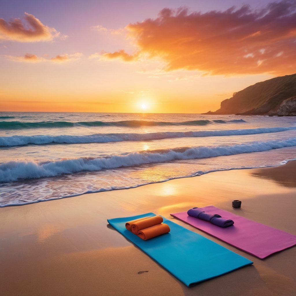 A serene beach scene showcasing a diverse group of individuals, wearing colorful swimwear, joyfully playing in the ocean waves, symbolizing resilience and emotional healing. In the foreground, a yoga mat is laid out with meditation essentials, enhancing the theme of wellness. The sky is bright with a soft sunset, casting a hopeful glow over the scene. The overall atmosphere is uplifting and vibrant to reflect the journey of bouncing back from financial struggles. super-realistic. vibrant colors. soft focus.